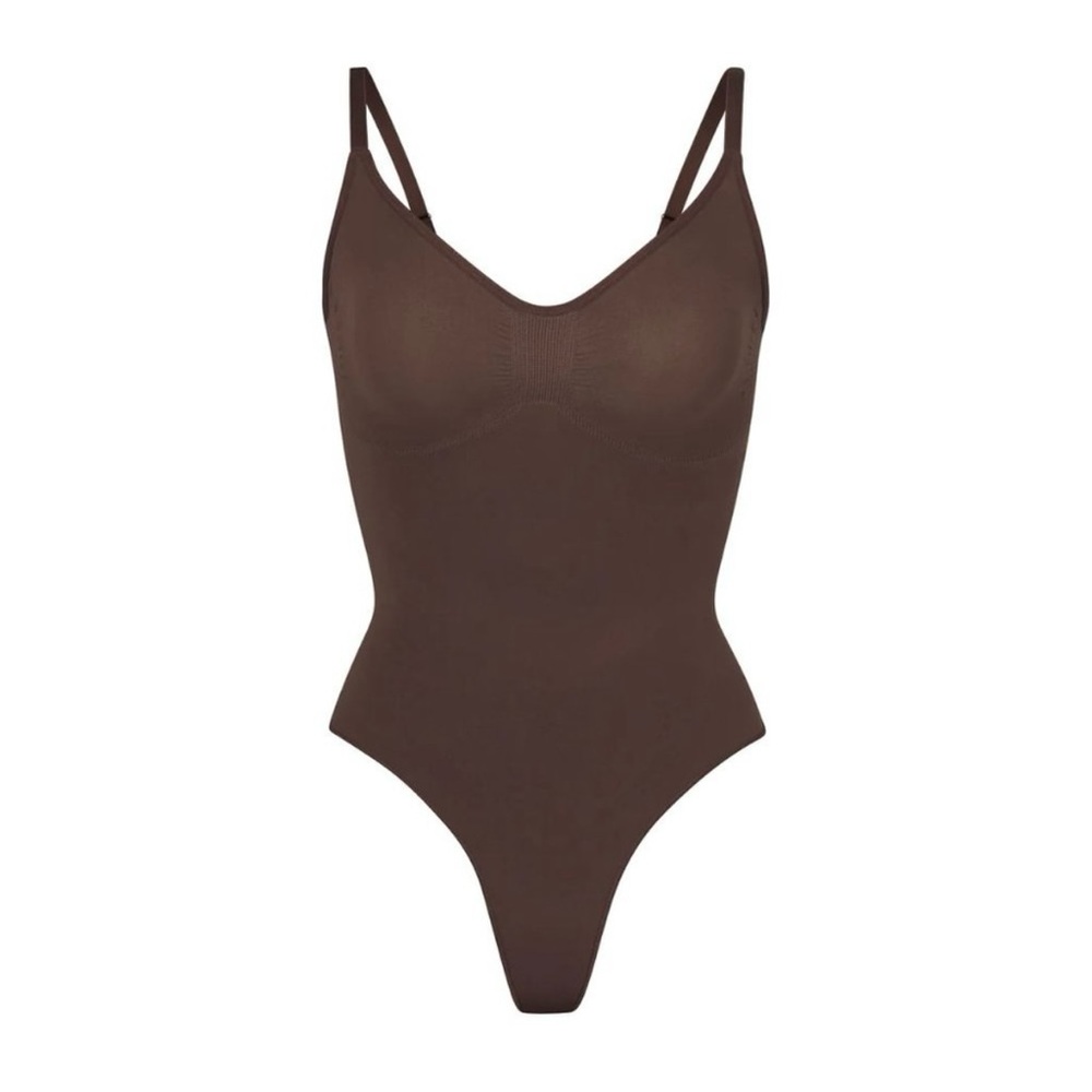 SKIMS Brown Seamless Scoop Neck Thong Bodysuit